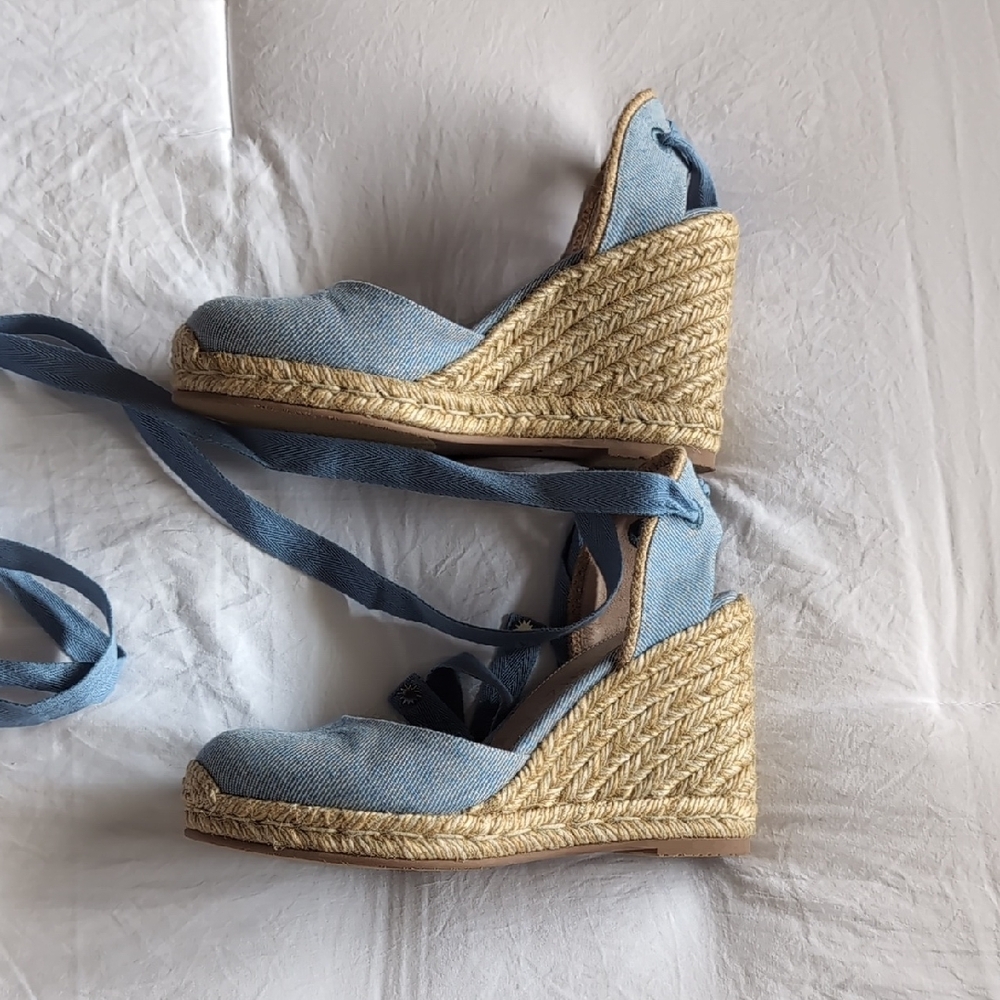 Stuart Weitzman Light Blue Denim Espadrille Wedge Sandals with Ankle Wraps - Picture 6 of 8